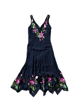 Caché 1990's Hand-Embroidered Floral Silk Handkerchief Dress Vintage Size Small